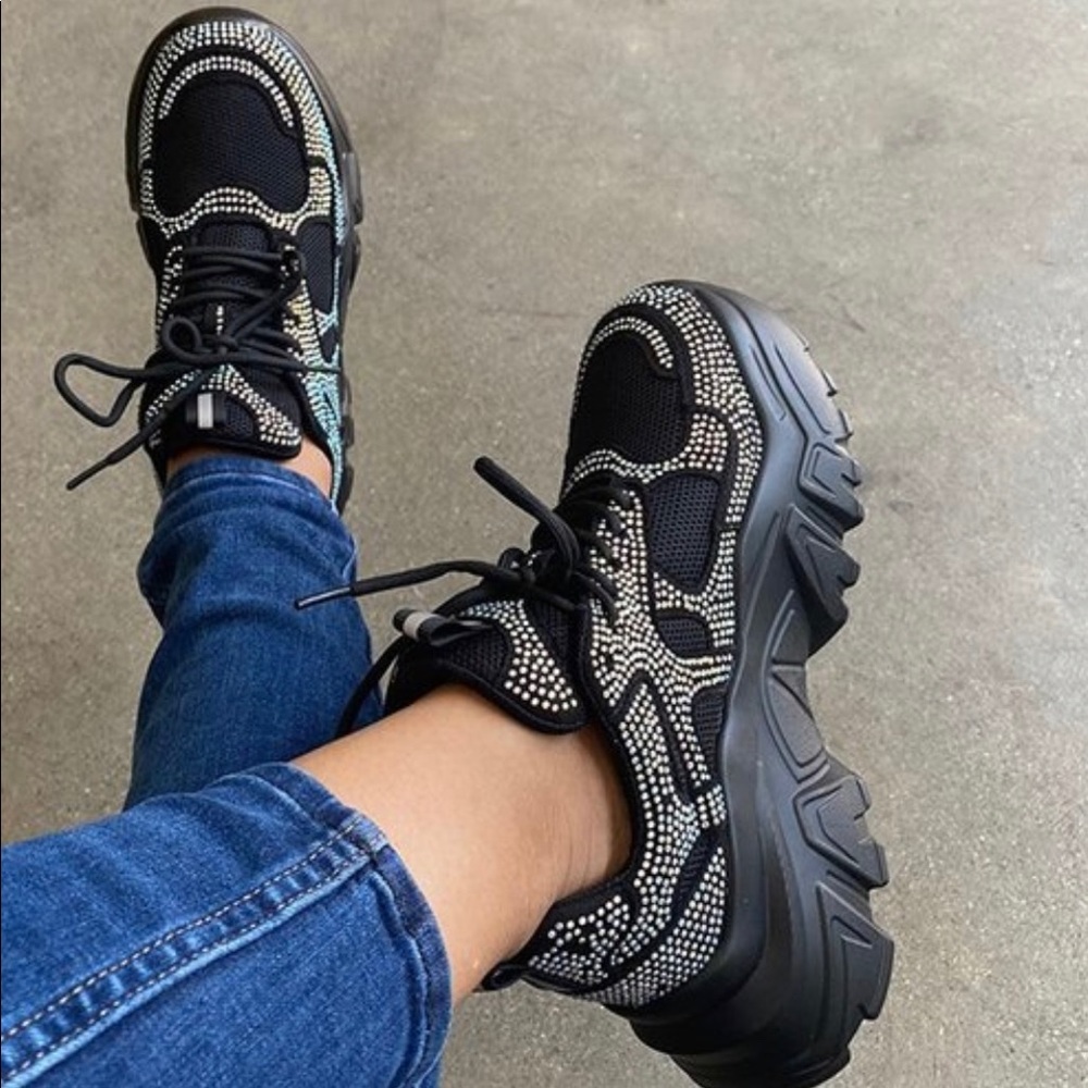 Black rhinestone chunky sneakers